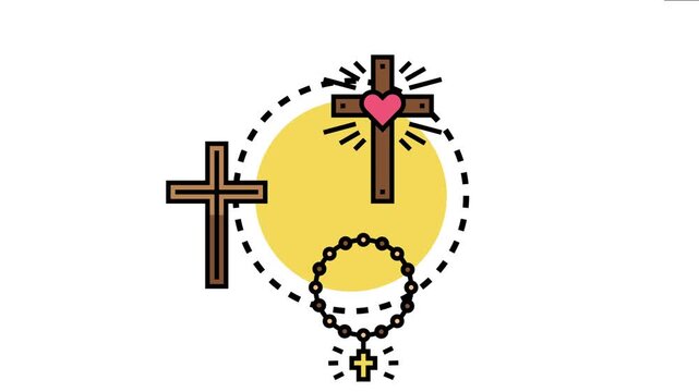 Christian symbols creating a unified composition, prayer, devotion, and the core tenets of belief, featuring a heart adorned cross and a rosary