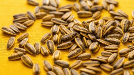 Obraz premium Close-up of a pile of sunflower seeds scattered on a bright yellow surface.