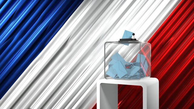 Urne transparente sur socle et drapeau fran&ccedil;ais en fond, rendu 3D &mdash; &Eacute;lection pr&eacute;sidentielle 2027