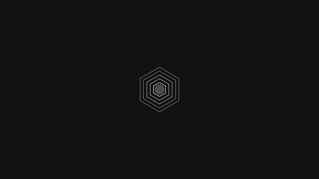 Concentric white hexagonal rings pulsing with a central grey dot in this minimalist digital motion graphic animation video loop sequence