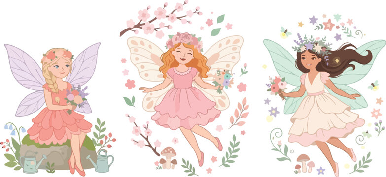 Set of three beautiful watercolor fairy illustrations with delicate wings and floral decorations isolated on a clean white background
