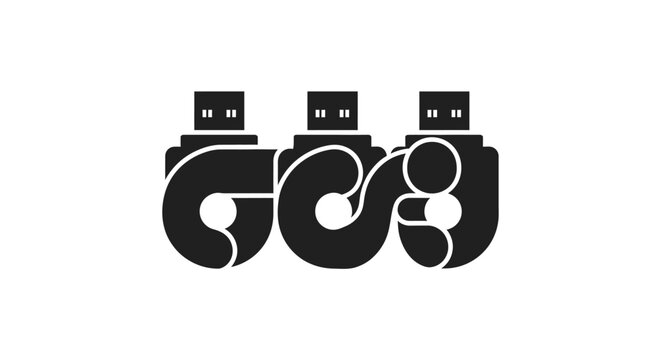 Abstract USB plug icons with integrated graphic shapes.