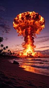 Massive explosion with giant mushroom cloud over ocean near tropical