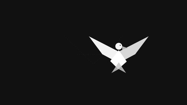 Minimalist white origami bird animation flying smoothly across dark black screen background in creative motion graphic design digital video clip