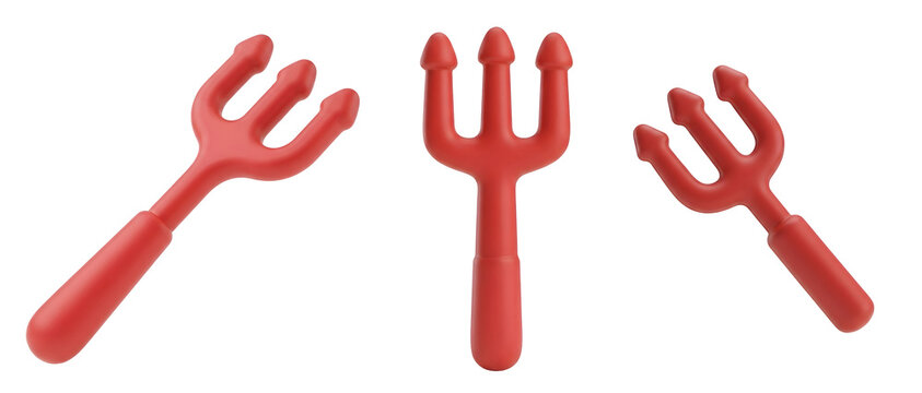 Bright red 3d devil pitchforks in three different angles presented as a high quality creative isolated graphic element for various design projects on transparent background