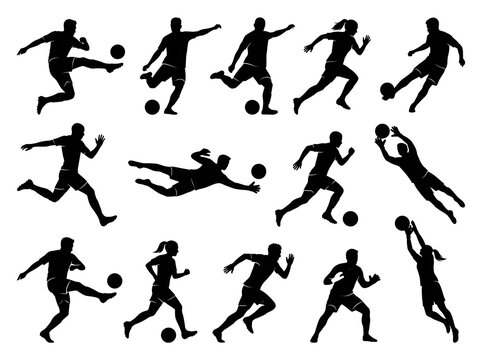 Soccer player silhouettes set showing various actions like kicking running and goalkeeper saves