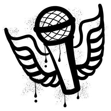 Winged microphone with graffiti spray paint