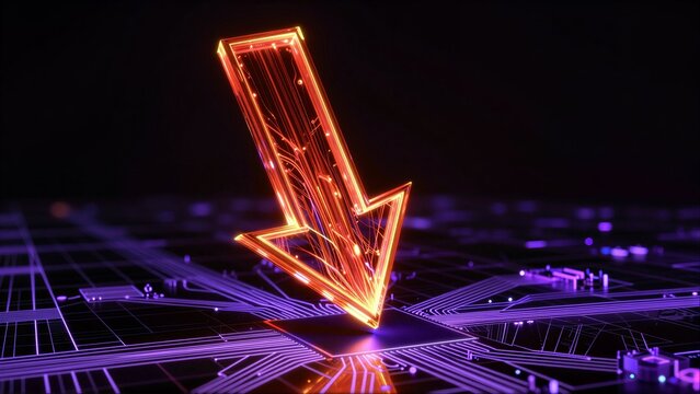 Glowing orange arrow descends on futuristic circuit board, neon lights illuminate the tech landscape.