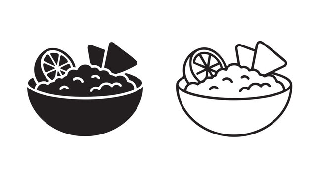 guacamole bowl vector icon pair, black silhouette with line black silhouette with line art vector pair icon