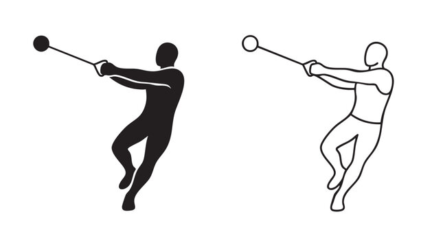 hammer throw vector pair icon: black silhouette with line black silhouette with line art vector pair icon