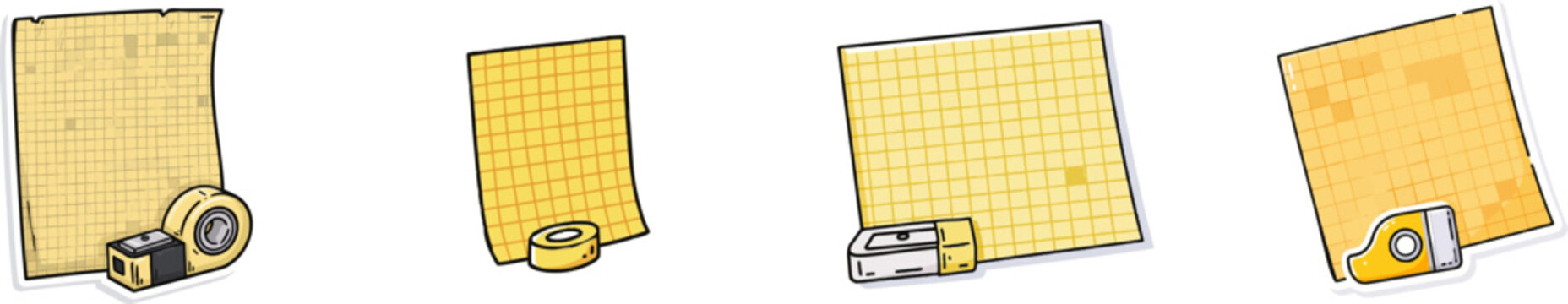 A charming hand-drawn paper note with a yellow grid sheet and a cute correction tape doodle sits on a white background