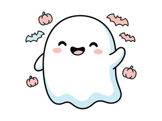Obraz premium Cute cartoon ghost character waving hello surrounded by small pumpkins and flying bats for halloween celebration design