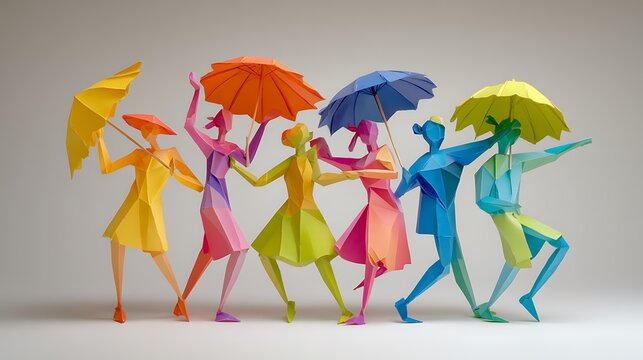 Vibrant colorful paper umbrellas arranged in a row with transparent background yellow