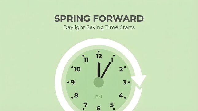 Spring forward daylight saving time concept with a clock showing twelve oclock