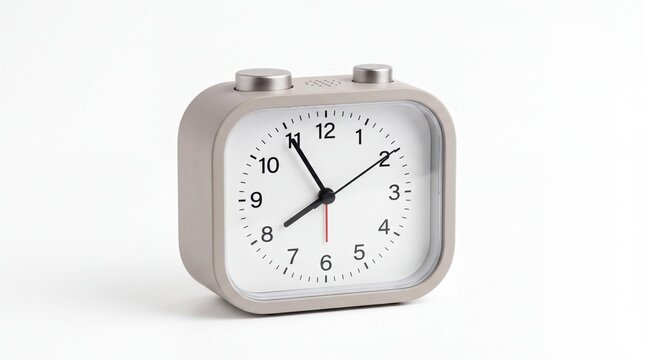 Modern silver square alarm clock with white analog dial and black hands on a clean white background.