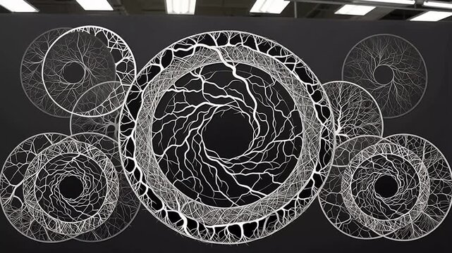 Abstract monochrome intricate circular mandala pattern with web-like neural network textures on a dark background.