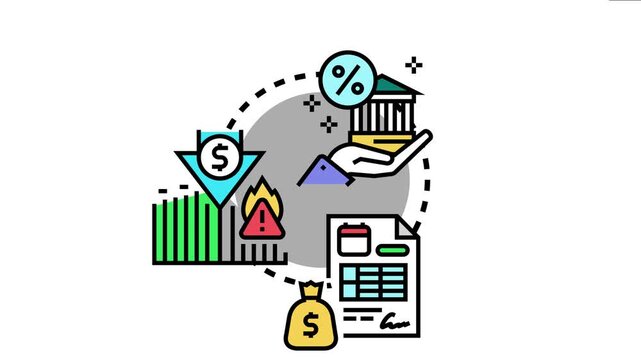 Financial concept the loan default risk with elements like falling money, burning caution sign, bar graph, currency bag, document, and banking building