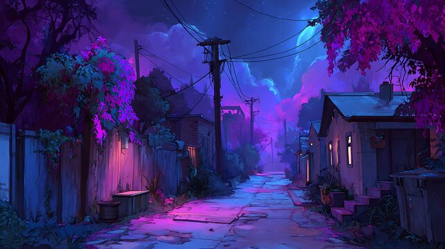 Vibrant night street scene with purple pink neon lights and victorian houses