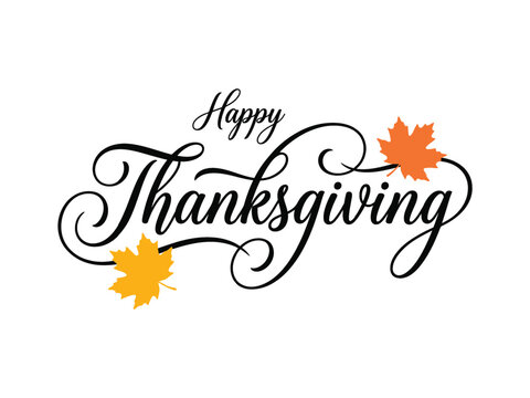 Elegant calligraphy of happy thanksgiving with watercolor autumn leaves illustration