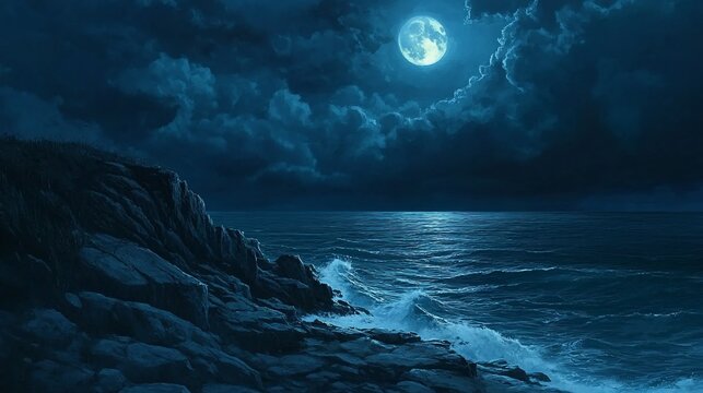 Moonlit coastal cliffs, ocean waves crashing, night sky, serene background, desktop wallpaper
