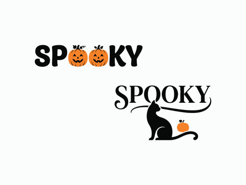 Halloween themed spooky lettering with pumpkins and a black cat illustration