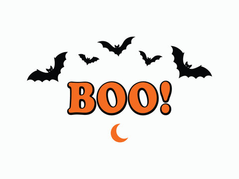 Festive halloween illustration with the word boo and silhouetted bats flying by the moon