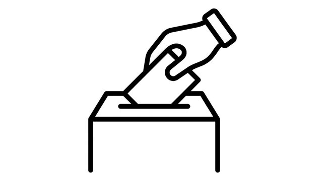 Hand placing paper ballot into voting box line icon.