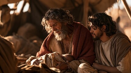 Fototapeta premium Elderly bearded man and younger companion gently cradling a newborn in a rustic tent, evoking a tender biblical nativity scene of family, faith, and humble beginnings.
