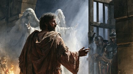 Fototapeta premium Angel liberating the apostle Peter from a dark Roman prison cell as chains fall and guards stand stunned, a dramatic scene of divine deliverance, light and faith in Acts narrative