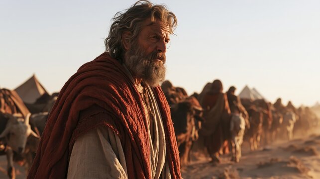Bearded patriarch leading a caravan of people and livestock across a sunlit desert plain, evoking Abraham or Moses and biblical nomads moving between tents at dusk