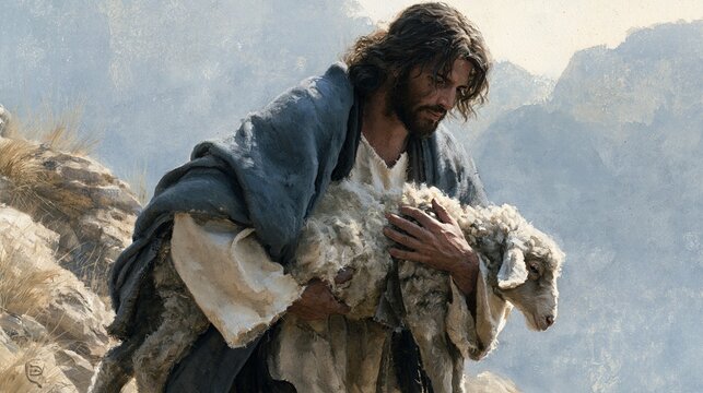 Compassionate portrayal of Jesus as the Good Shepherd carrying a lamb across rocky hills, a biblical scene emphasizing care, guidance, protection, and sacrificial love
