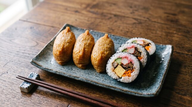 和陶器の長皿に並ぶいなり寿司と具だくさん太巻き寿司（助六寿司）