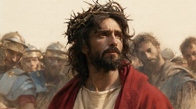 Dramatic biblical Passion portrayal of a crowned figure wearing a crown of thorns and a red robe, surrounded by soldiers and onlookers during the trial before crucifixion.