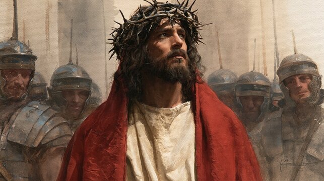 Jesus wearing a crown of thorns and red robe, surrounded by Roman soldiers in a Passion scene - portrayal of his trial, suffering and impending crucifixion from the Gospels