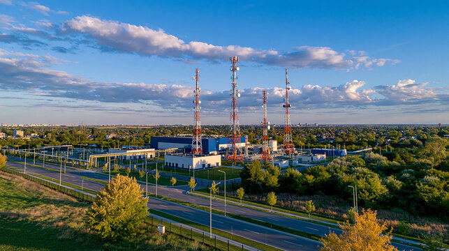 Aerial drone view over a major telecommunications facility with antenna towers, technical buildings, fiber infrastructure and surrounding roads, modern digital infrastructure concept, realistic dayl