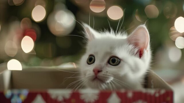 A fluffy white kitten is seen inside of a festive gift box. The box, decorated with red and white holiday patterns, complements the soft, blurred lights of the background, creating a cheerful scene.
