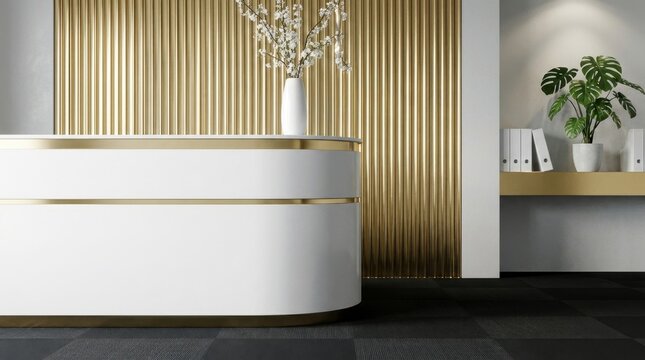 Modern White Reception Desk with Gold Vertical Wall Panel and Plant.