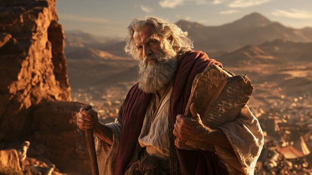 Bearded prophet on a rocky mountaintop clutching stone tablets and a staff, overlooking a vast desert city at sunset - cinematic portrayal of Moses and the Exodus