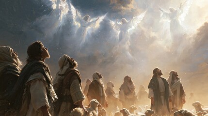 Fototapeta premium Shepherds and faithful witnesses gaze heavenward as a radiant host of angels descends through luminous clouds, depicting a dramatic biblical revelation and worship scene