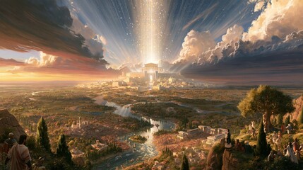 Fototapeta premium Radiant heavenly city of Jerusalem revealed across a vast biblical landscape, golden beams of divine light descending over rivers, hills, worshipers, and ancient temples