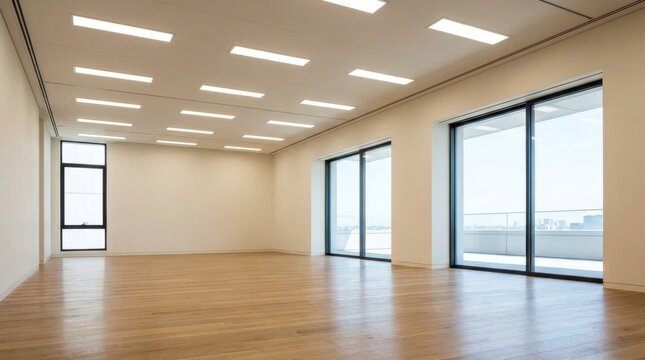 Spacious modern empty office interior with large windows and wooden floor.