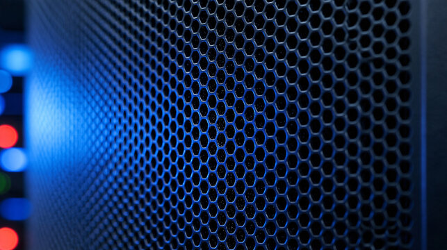 Close up view of a metal ventilation grille on a modern server rack cabinet, fine perforated steel texture, efficient airflow for cooling high performance computing equipment, clean professional dat