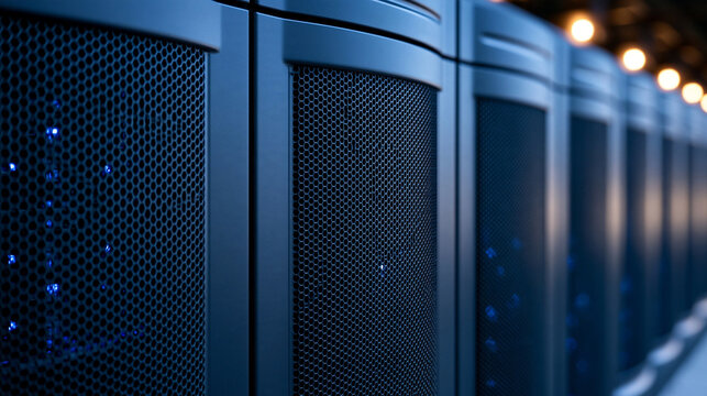 Close up view of a metal ventilation grille on a modern server rack cabinet, fine perforated steel texture, efficient airflow for cooling high performance computing equipment, clean professional dat