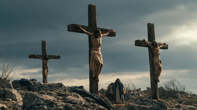 Dramatic depiction of the crucifixion of Jesus on Golgotha at Calvary, three crosses on a rocky hill, a mourning figure at the foot beneath a stormy, clouded sky