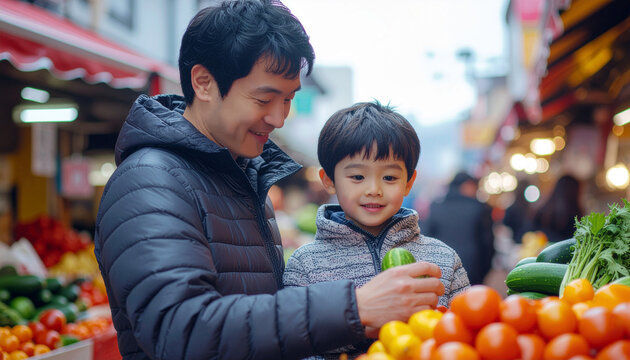 Asian Father and Son Shopping at a Fresh Produce Market - Generative AI