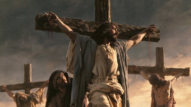 Dramatic depiction of the crucifixion of Jesus Christ on Golgotha, with two thieves on crosses, mourners at the foot of the cross, bloodied wounds and a stormy biblical sky