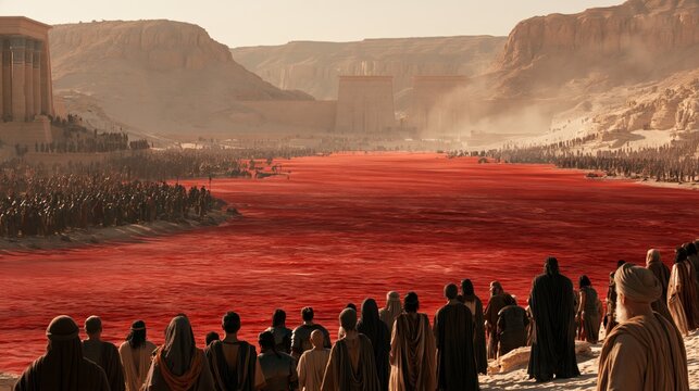 Dramatic biblical scene of the Nile turned to blood observed by multitudes on the riverbank during the Plagues of Egypt from Exodus, with ancient temples and desert cliffs.