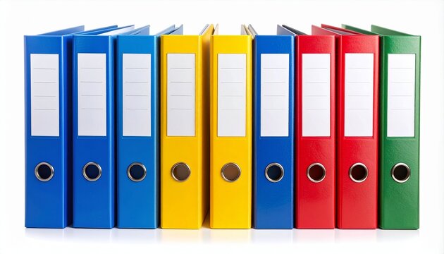 Row of Colorful Ring Binders for Office Document Organization and Archiving on White Background