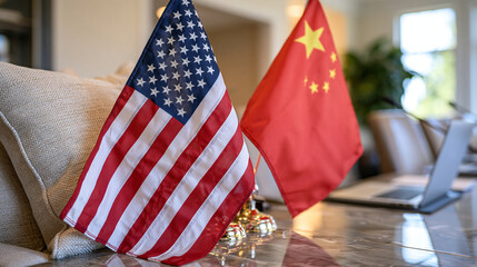 Obraz premium US and Chinese flags standing side by side against a neutral international conference room background, detailed fabric folds, polished table reflections, geopolitical relations and global diplomacy 
