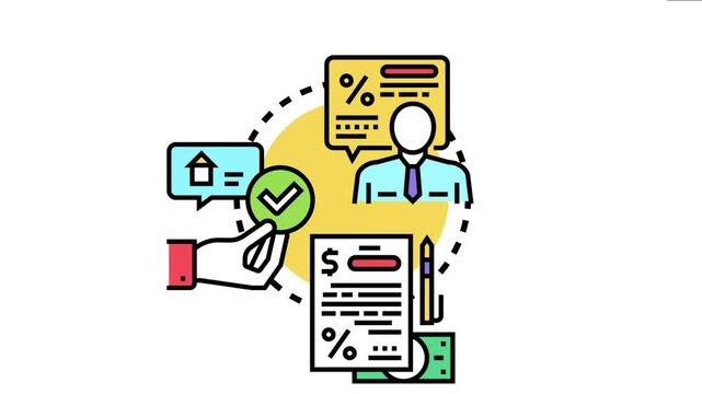 Financial client completing a form for loan pre approval, receiving advice from a consultant about interest rates, and getting confirmation for a housing mortgage